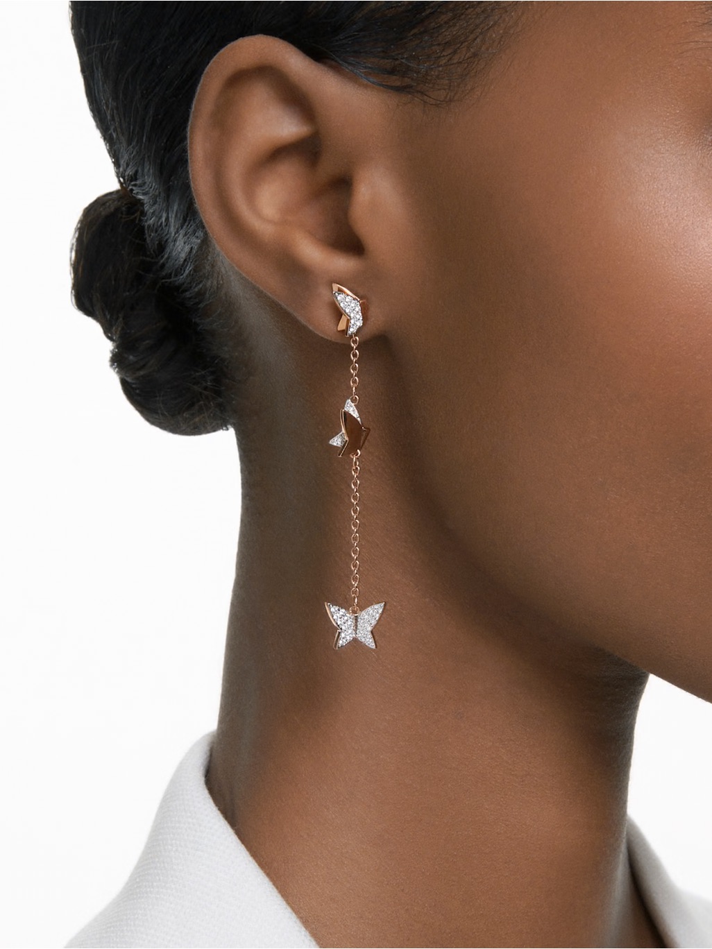 Idyllia Lilia Drop Earrings Butterfly, Long, White, 18k Rose Gold Plated